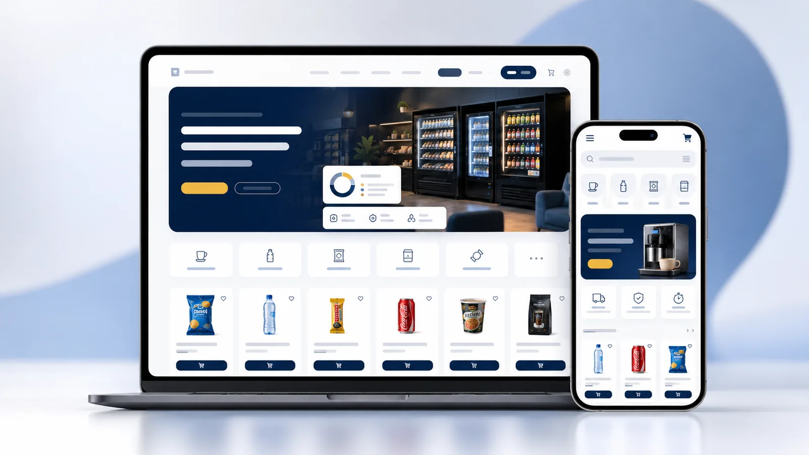 Responsive vending website and online ordering solution displayed on a laptop and mobile phone